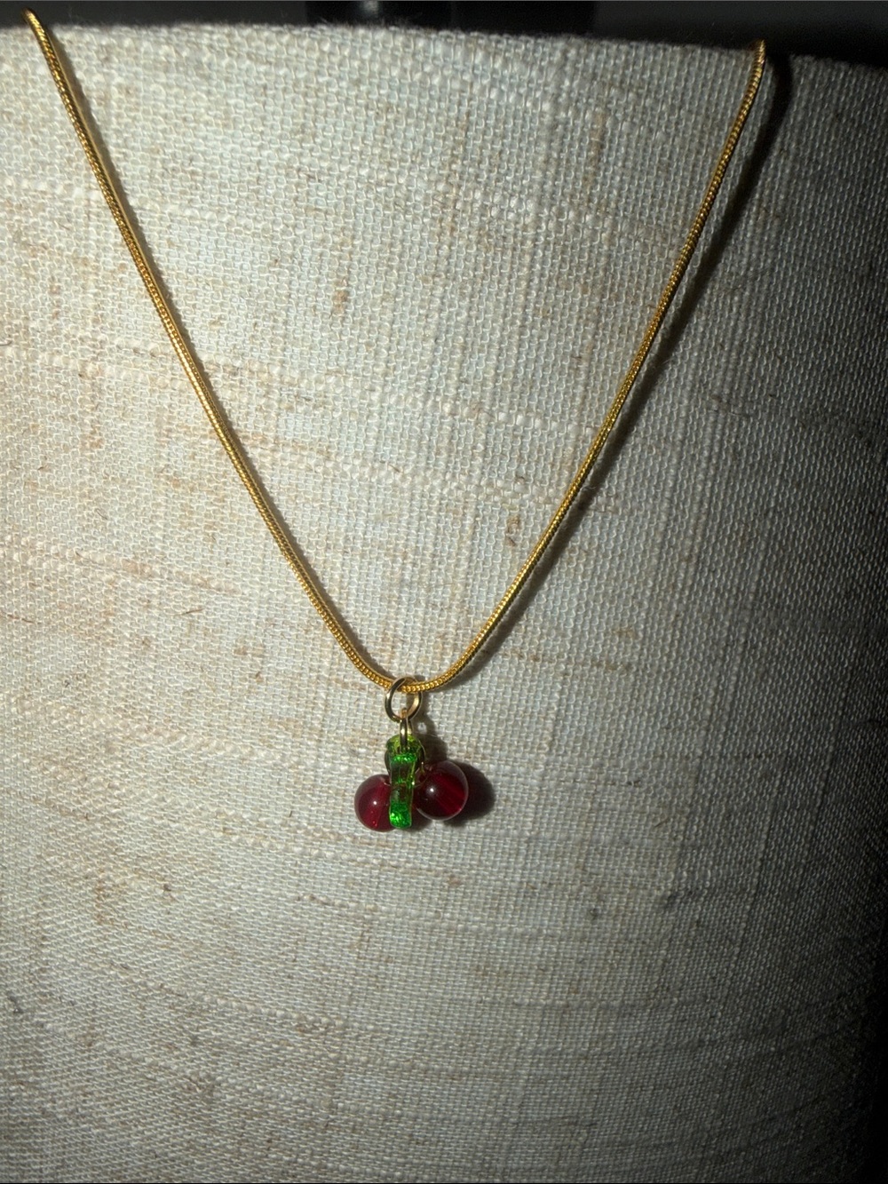 Gold Cherry Pendant Necklace with Red and Green Glass Beads